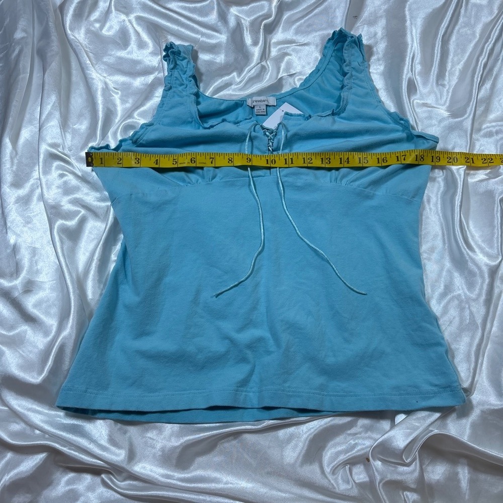 y2k Tank Top Blue Dressbarn Lace Up Lettuce Trim Ribbed Strap Top - Picture 4 of 4